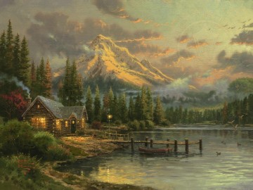 Thomas Kinkade Painting - Escondite junto al lago Thomas Kinkade